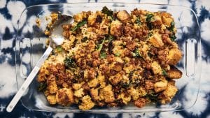 Cornbread stuffing with sausage and collard greens